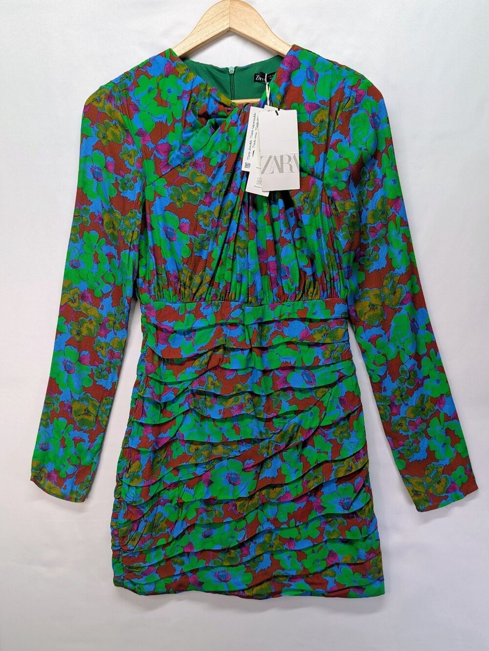 288-Nwt Zara Green, Blue & Brown Floral Long-Sleeve Ruffle Dress